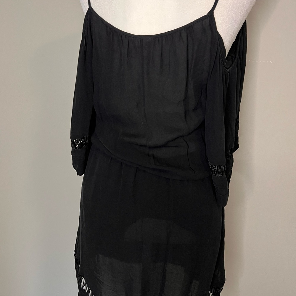 Parker NY 100% Silk Black Cold Shoulder Mini Dress - Size S - Ladder Cutout - Picture 2 of 6